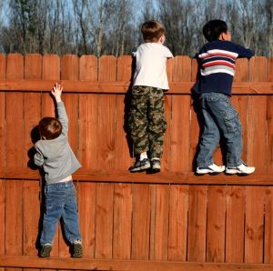 children climbing fence